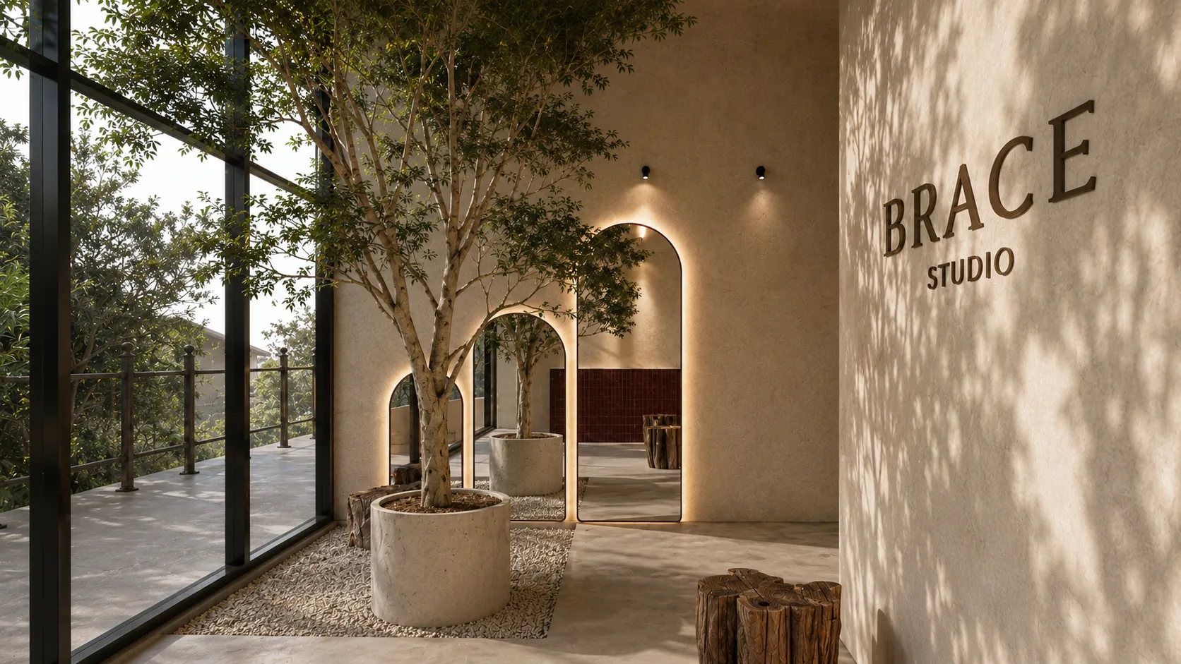 Corredor de acceso a Brace Studio: letras dimensionales BRACE STUDIO sobre muro de travertino, espejos de arco retroiluminados y árboles interiores.