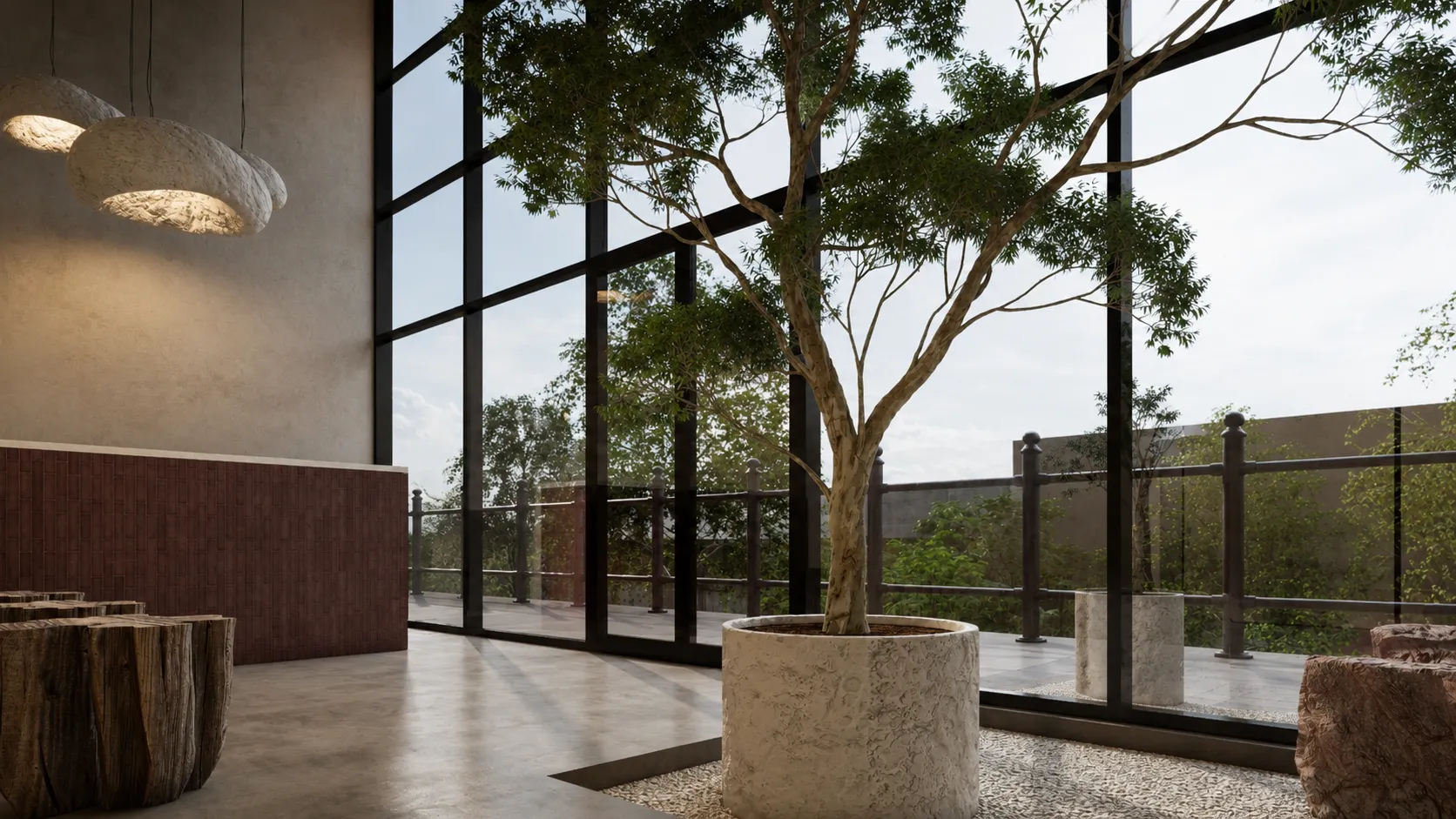 Ventanal de doble altura de Brace Studio abierto a la terraza, con árbol interior y muro de azulejo granate.
